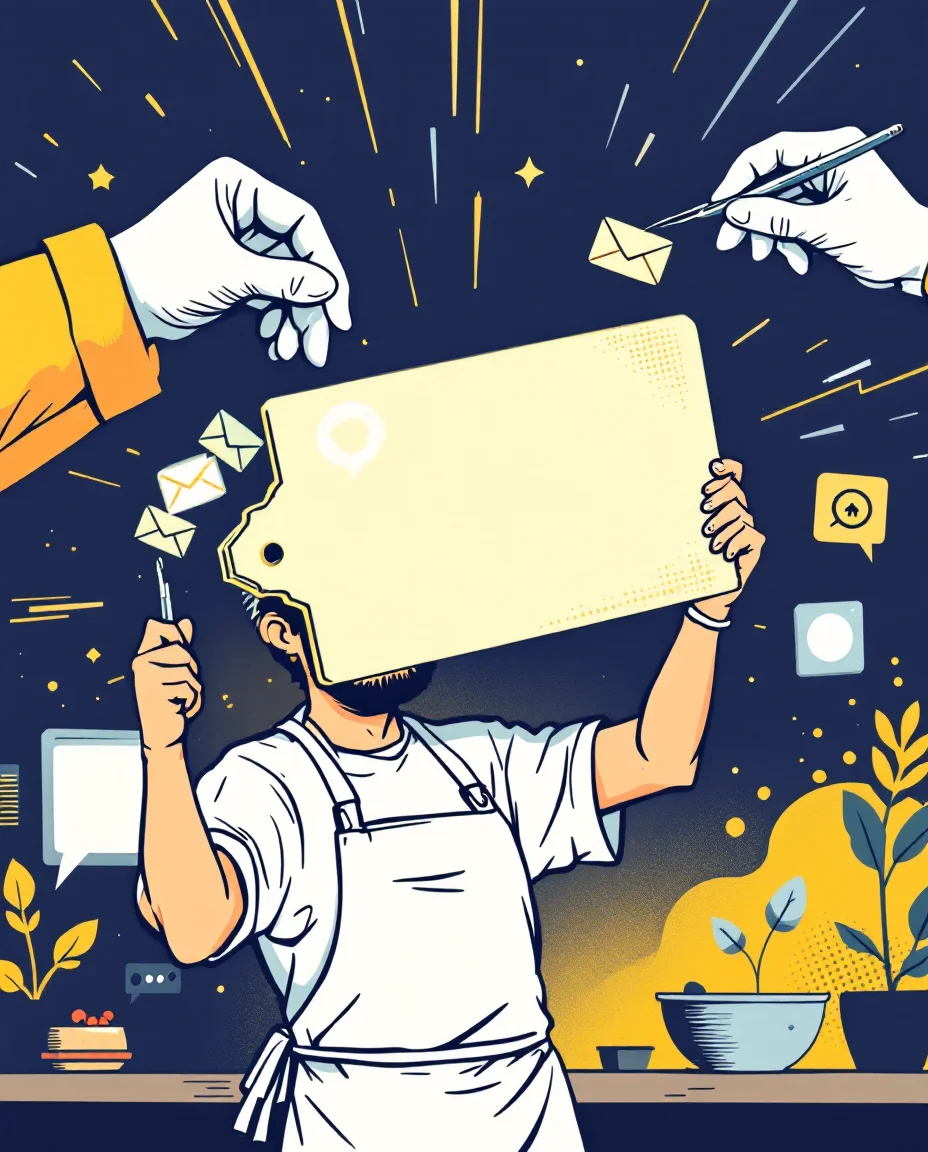 Comic: Hand mit Pinzette entfernt Telefonhörer, Briefumschlag und Sprechblase von der Angebotskarte eines Bäckers